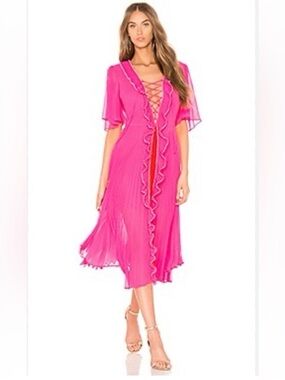 Women’s Lace-Up Ruffle Midi Dress - Hot Pink